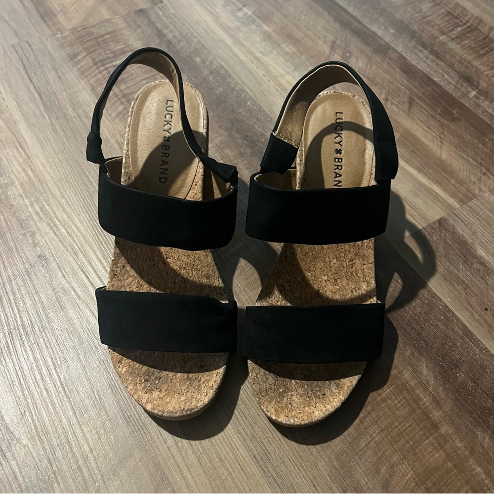 Lucky Brand Black Faux Suede and Cork Block Heel Sandals - Size 7